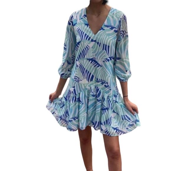 Vilagallo Blue V Neck 3/4 Sleeve Mini Dress New Size 38 - Picture 3 of 11